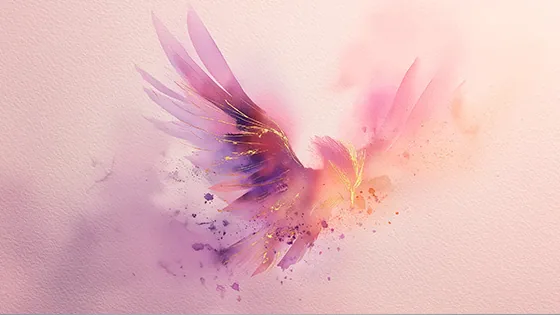 Ilustração em aquarela de um pássaro em tons de rosa e dourado